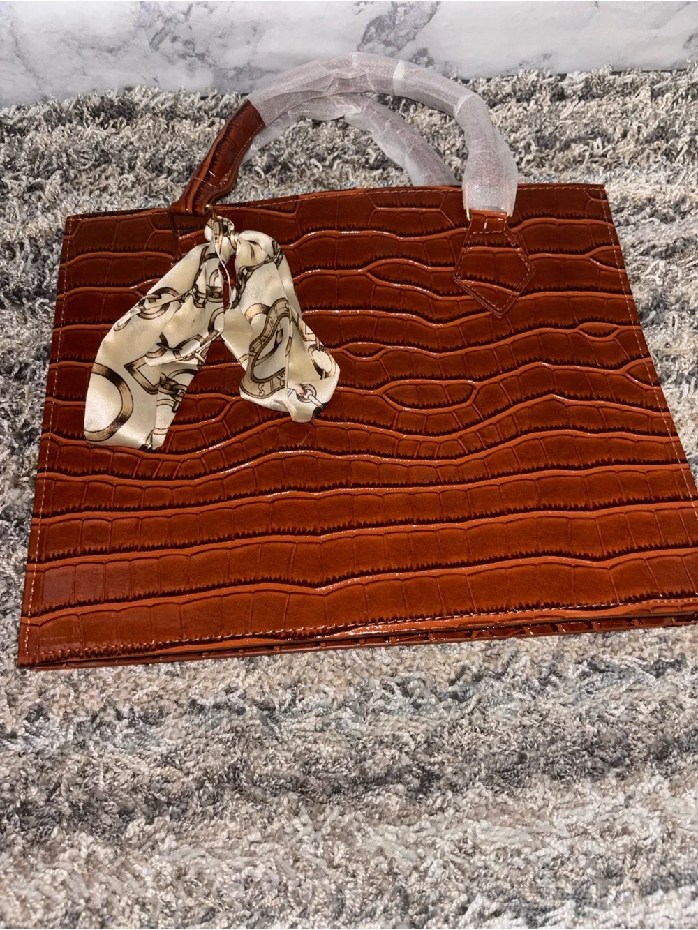 Cognac Croc-Embossed Tote with Scarf Accent